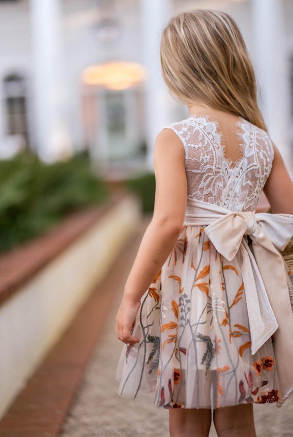 Champagne Embroidered Flower Girl Dress, Lace Bodice Tulle Dress, Rustic Wedding Dress for Girls, Boho Junior Bridesmaid Dress
