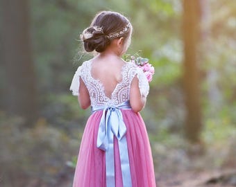 Vestido de tul para niña de las flores, vestidos de encaje rústico para niña de las flores, vestidos bohemios para niña de las flores, vestido bohemio para niña de las flores, vestido color marfil para niña de las flores