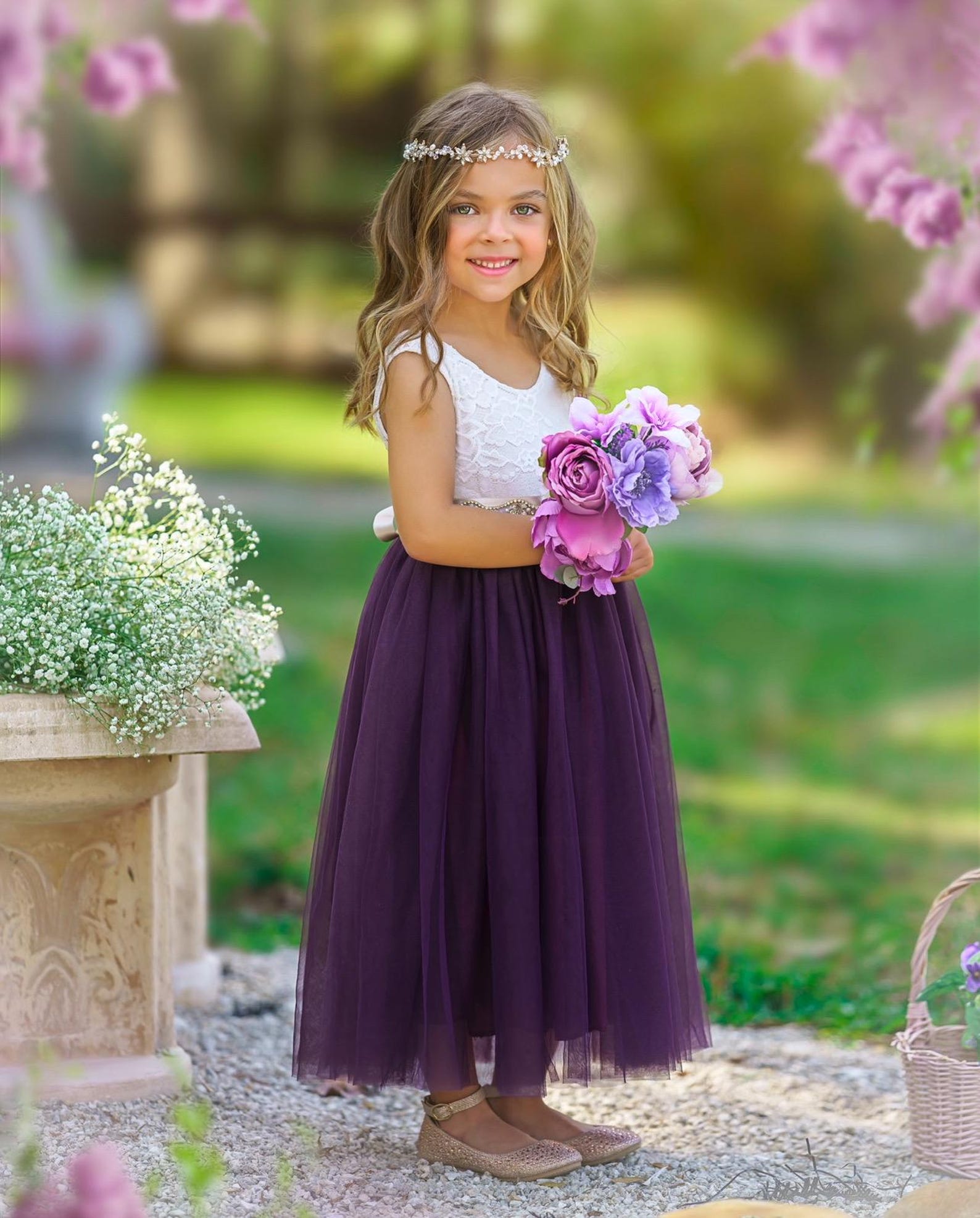 Purple flower girl dresses and jewelry - eggplant flower girl dress