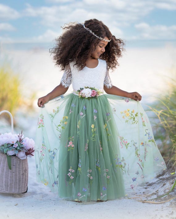 Sage Green Lace Flower Girl Dress – Embroidered Tulle Skirt