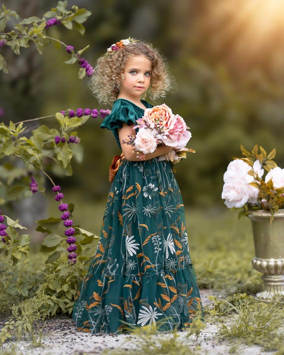 Hunter Green Velvet Girls Dress – Holiday Dress with Floral Embroidered Tulle, Christmas Dress, Flower Girl Dress, Fall Wedding Outfit