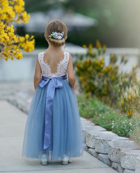 Ivory Lace Flower Girl Dress - Tulle Twirl Dress, Junior Bridesmaid Dress, Rustic Boho Wedding Dress, Dusty Blue Flower Girl Dress - Lydia