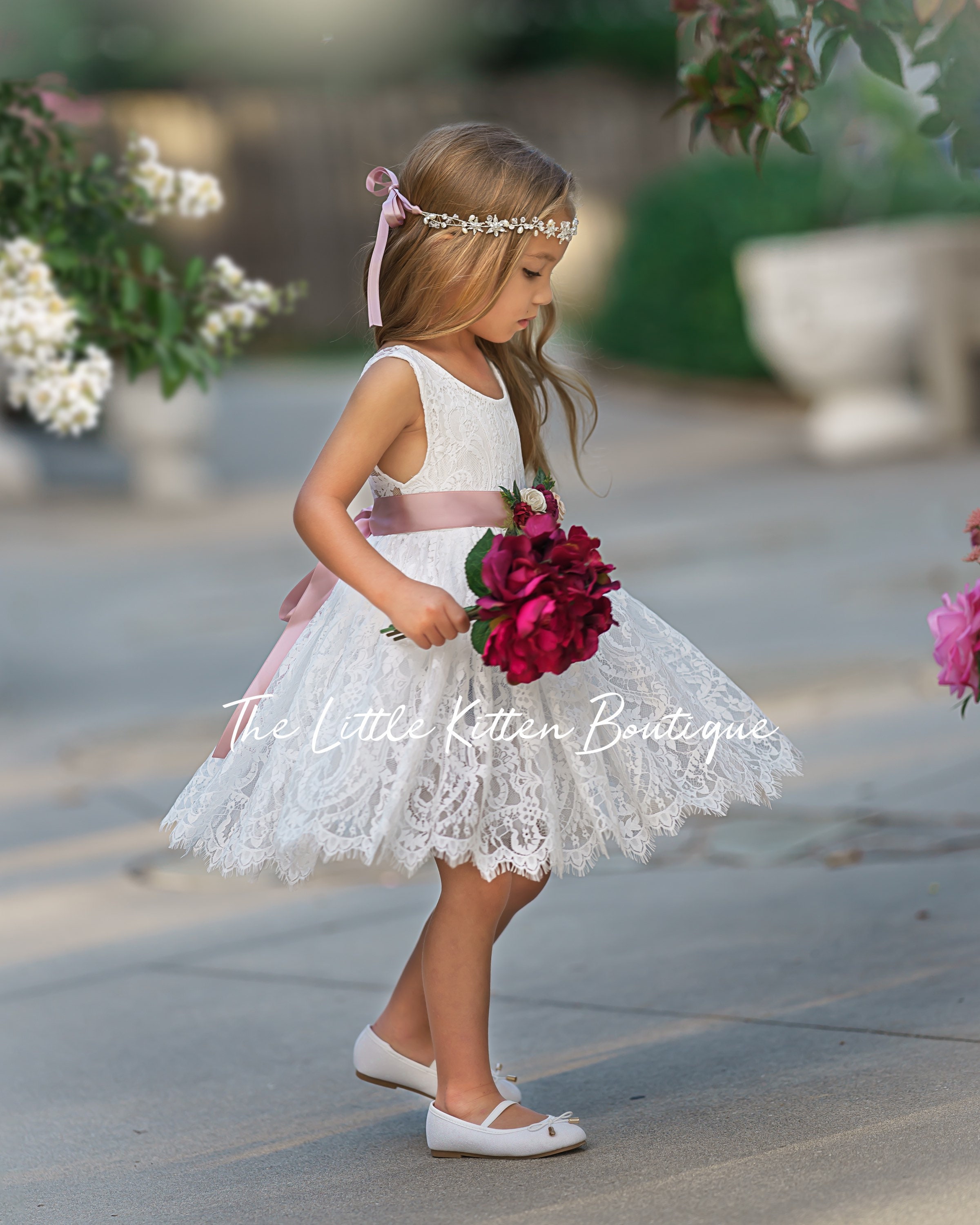 White Lace flower girl dress, Ivory lace flower girl dress, boho flower ...