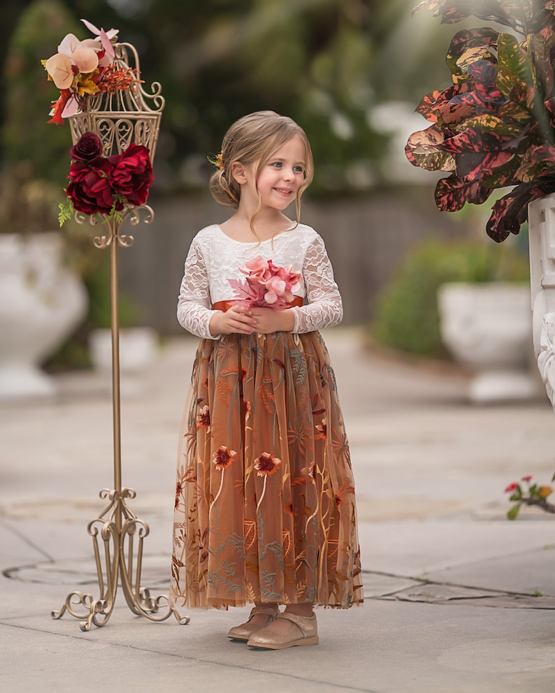 Burnt Orange tulle flower girl dress, Floral Flower Girl Dress, rustic lace flower girl dress, boho flower girl dress, flower girl dress image 3