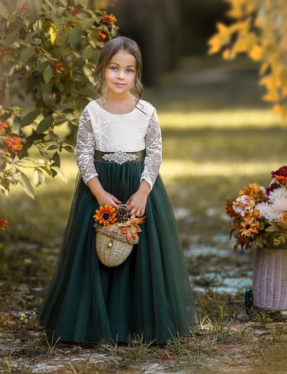 Olive Green Tulle Flower Girl Dress, Rustic Lace Bodice, Long Sleeve