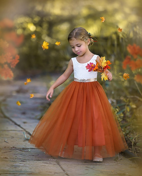 Burnt Orange Flower Girl Dress, Rust Flower Girl Dress, lace flower girl dress, Rustic flower girl dress, Boho Flower Girl Dress, Fall Dress