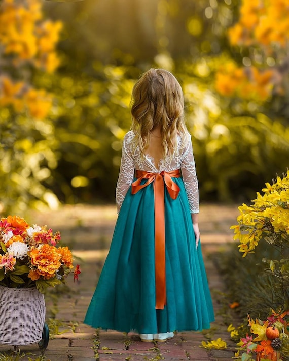 Teal tulle flower girl dress, Fall Flower Girl Dress, rustic lace flower girl dress, boho flower girl dress, flower girl dress, girls dress