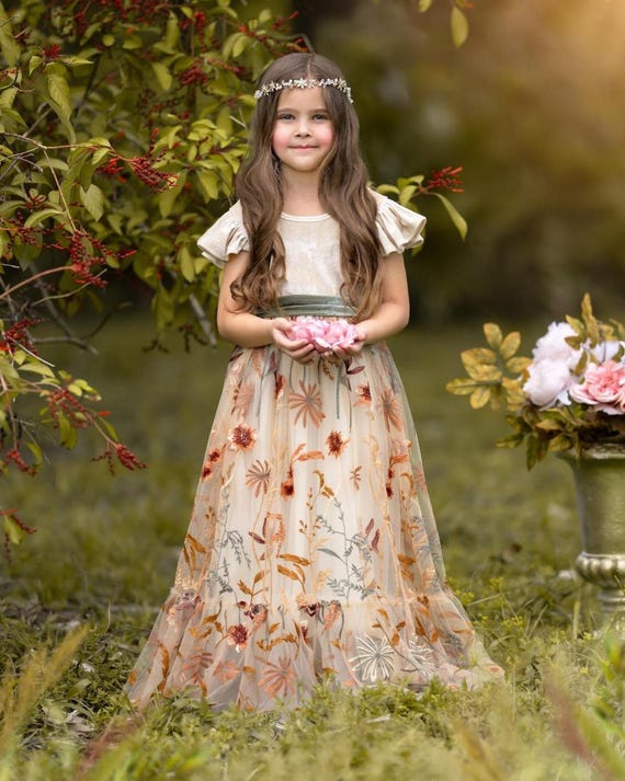 Floral Embroidered Velvet and Tulle Flower Girl Dress for Toddlers and Girls - Perfect Fall Girls Dresses for Weddings or Special Occasions