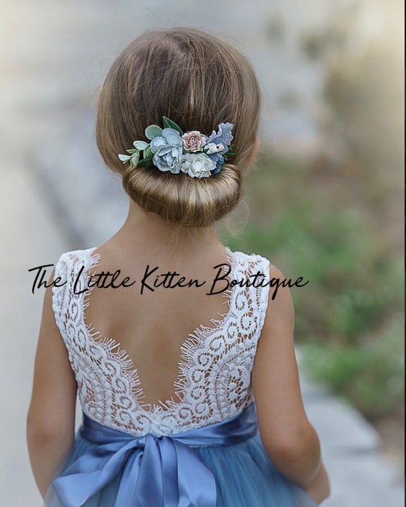 White Boho Flower Girl Dress, Ivory flower girl dresses, lace flower girl dress, Rustic flower girl dress, tulle flower girl dress, Blue