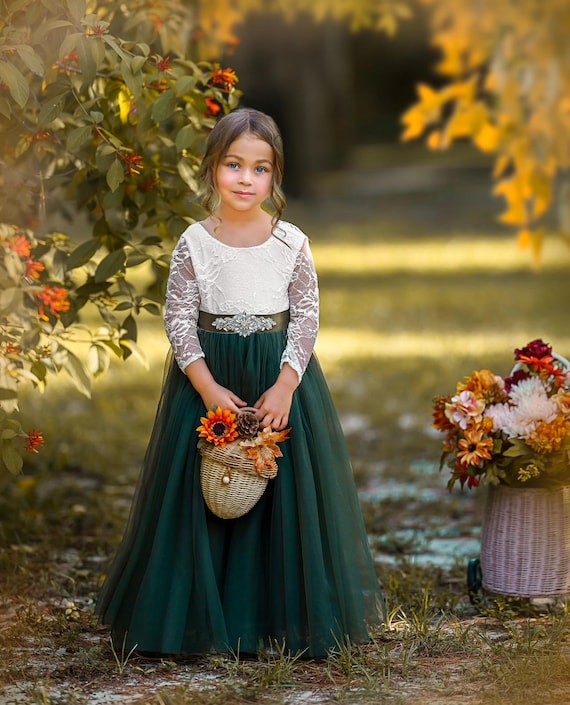 Long Sleeve Olive Green, Tulle and Lace Flower Girl Dress for Toddlers, Girls and Junior Bridesmaids.