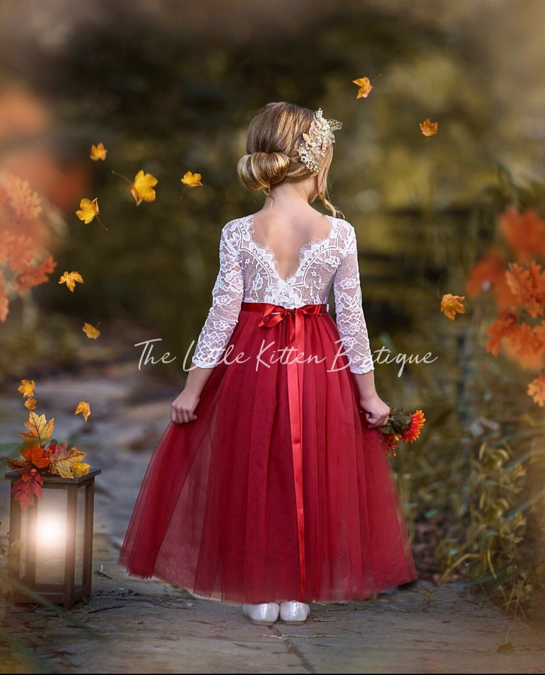 Long Sleeve burnt orange Lace and Tulle Boho Flower Girl Dress, Toddler Fall Wedding Dress, Floral Girls Dress image 4