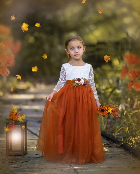 Burnt Orange tulle flower girl dress, Floral Flower Girl Dress, rustic lace flower girl dress, boho flower girl dress rust flower girl dress
