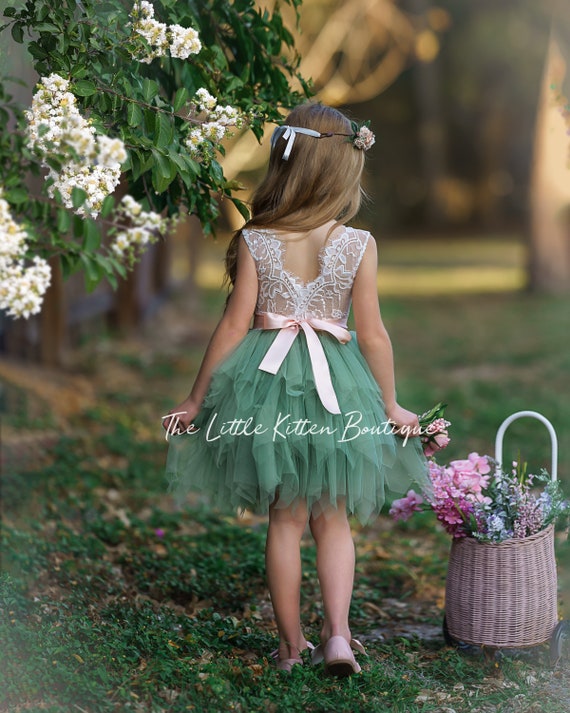 Blush pink tulle flower girl dress, White lace flower girl dress