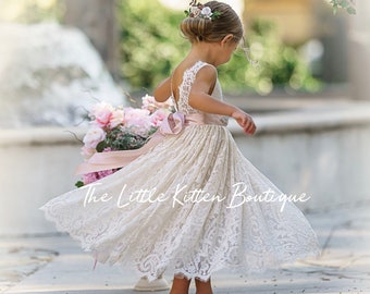 Bohemian flower girl dress, White lace flower girl dress, rustic flower girl dress, boho flower girl dress, Ivory Lace flower girl dresses