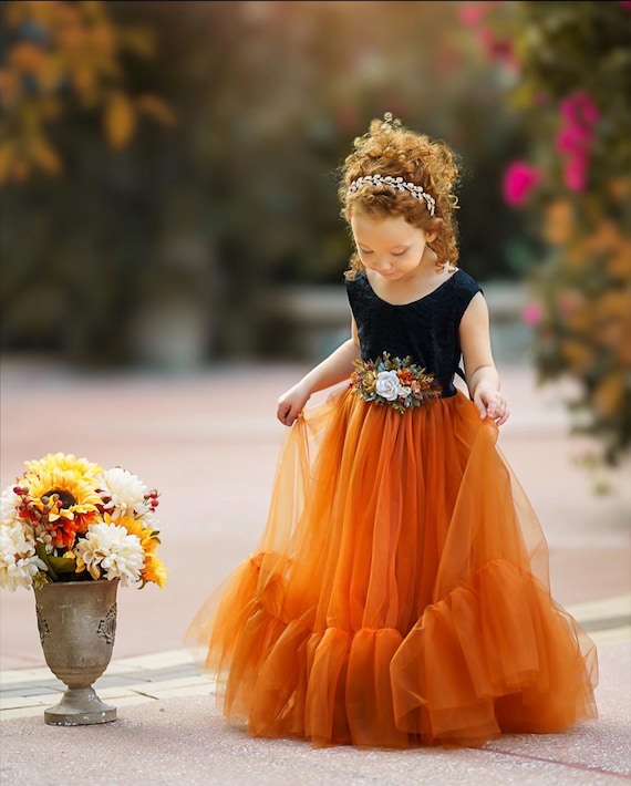 Fall Flower Girl Dress, Rustic Flower Girl Dresses, Halloween Wedding Dress, Halloween Dress for Girls, Burnt Orange Flower Girl Dress