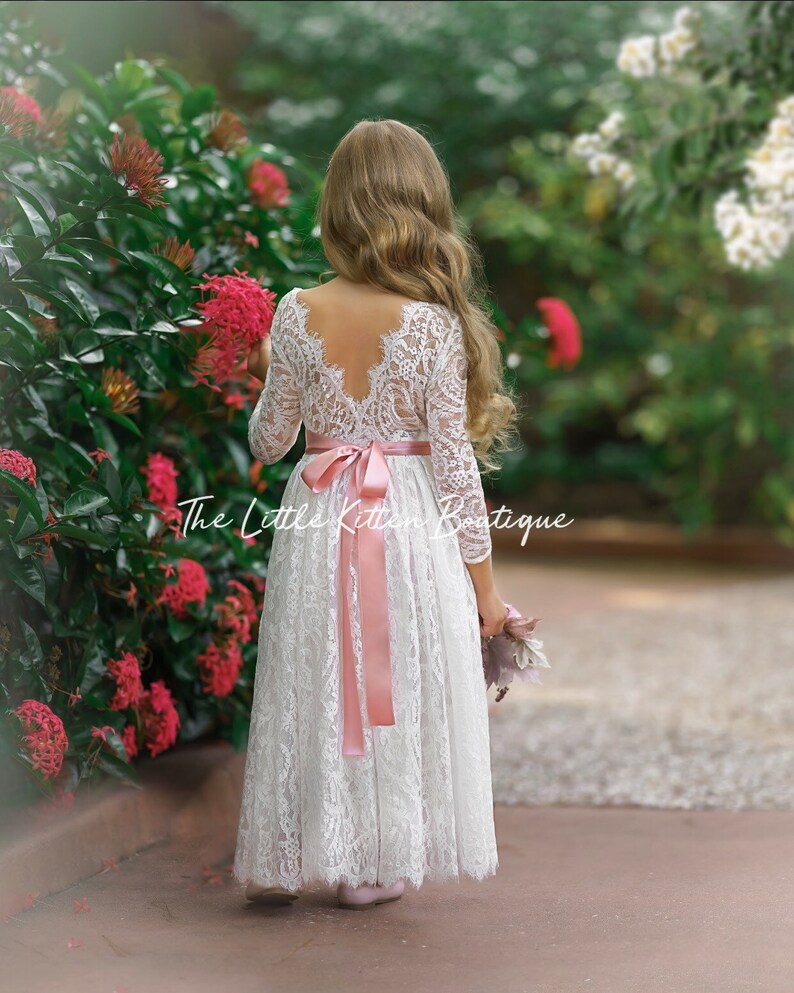 Long Sleeve Flower Girl Dress White Lace Flower Girl Dress - Etsy