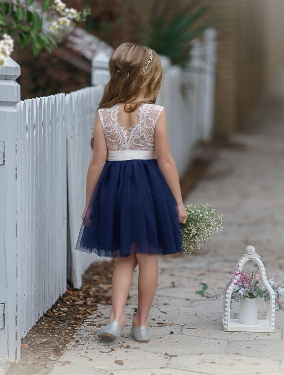 White Lace Flower Girl Dress Knee Length Tulle Junior Bridesmaid Wedding Party