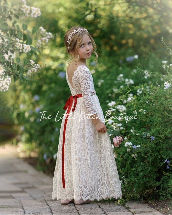 Bohemian Flower girl dress, long sleeve lace flower girl dress, rustic flower girl dress, boho flower girl dress, lace flower girl dress