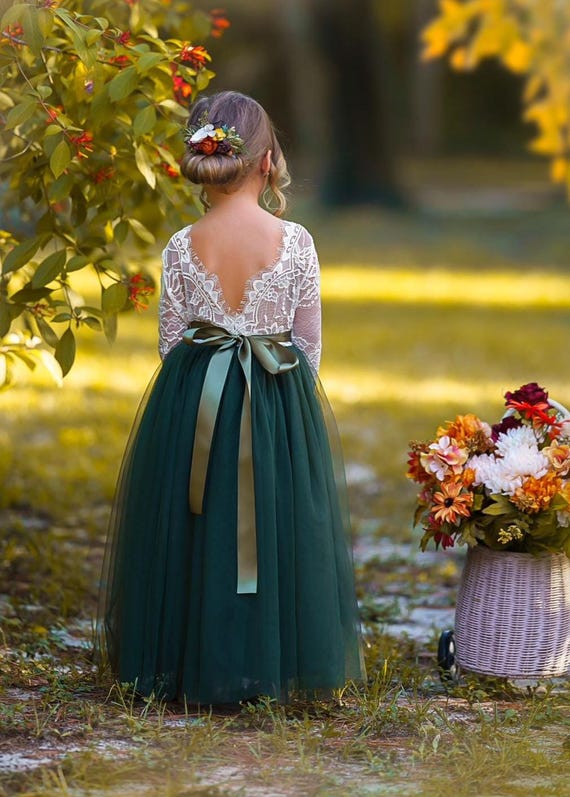 Long Sleeve Olive Green, Tulle and Lace Flower Girl Dress for Toddlers, Girls and Junior Bridesmaids.