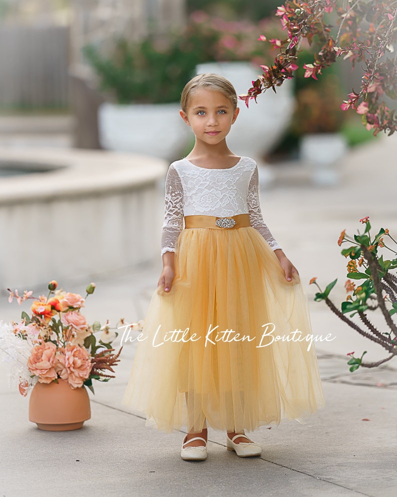 Long Sleeve burnt orange Lace and Tulle Boho Flower Girl Dress, Toddler Fall Wedding Dress, Floral Girls Dress image 5