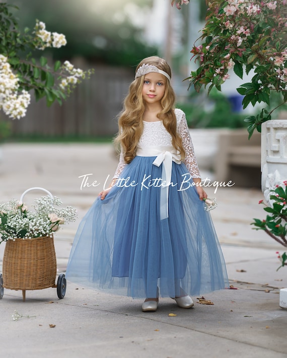 tulle flower girl dress, rustic lace flower girl dresses, long sleeve flower girl dresses, boho flower girl dress, dusty blue flower girl