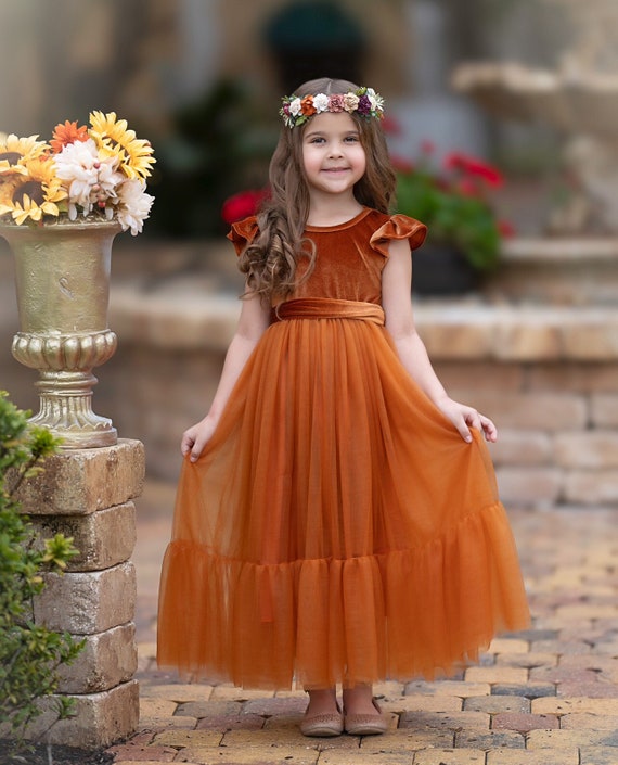 Burnt Orange Velvet and Tulle Flower Girl Dress, Boho flower girl dress, toddler flower girl dress, Velvet Girls Dress, Boho Wedding dress