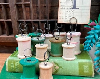 Table Number Holders Vintage Spools Mismatched Lot Mixed Sizes Rustic Wedding Decor Green and Creamy White Eclectic Boho Or Garden Wedding