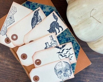 Halloween Place Cards 6 Hand-Stamped Placecards Vintage Style Wedding Spider Skull Cat Raven Potion Bottles