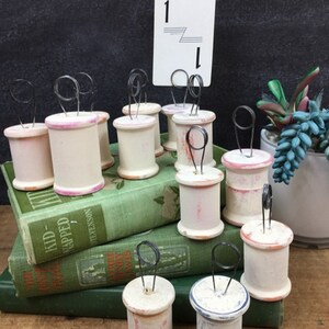 Table Number Holders 12 White Painted Vintage Spools Mismatched Lot Mixed Sizes Rustic Wedding Decor