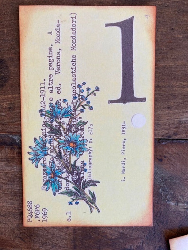 Wedding Table Numbers Vintage Library Cards Numbers 1-24 Available Price PER Card Yellow Floral Spray Outdoor Garden Wedding Ecru/Blue Floral