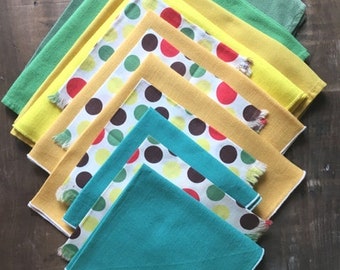 Cloth Napkins Mismatched 12 Vintage Summer Fabric Napkins Yellows Green and Polka Dots