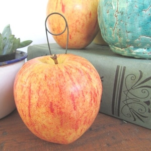 May include: A red and yellow apple with a wire loop attached to the top. The apple is sitting on a green book with a decorative design.