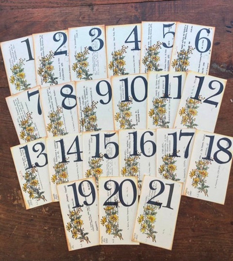 Wedding Table Numbers Vintage Library Cards Numbers 1-24 Available Price PER Card Yellow Floral Spray Outdoor Garden Wedding image 9