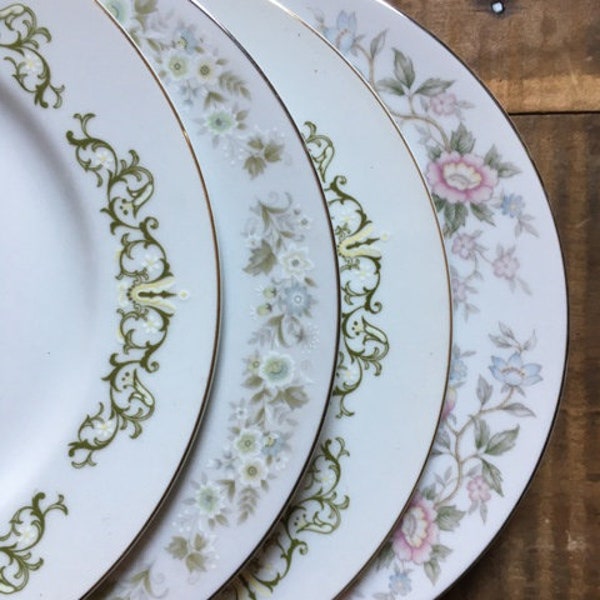 Mismatched Plates Fine China Floral Tones Vintage Wedding China Collection of 4 Dinner Plates