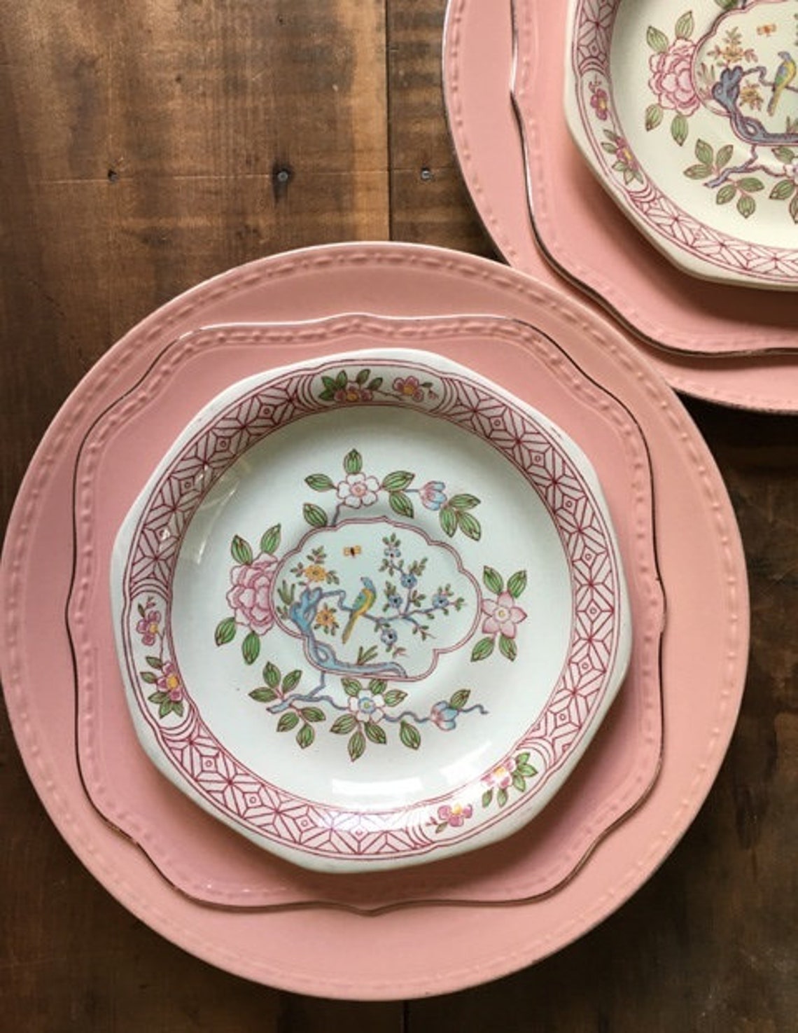 Mismatched Plates and Saucers Pink Green and White Wedding Etsy