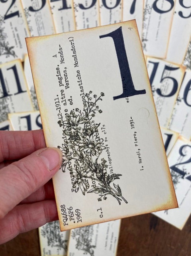 Wedding Table Numbers Vintage Library Cards Numbers 1-24 Available Price PER Card Yellow Floral Spray Outdoor Garden Wedding Ecru/black floral