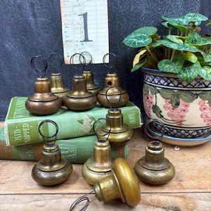 May include: A collection of antique brass photo holders with a circular wire clip, displayed on vintage green books. The holders have a bulbous base and a tarnished finish. A small potted plant and a vintage index card are in the background.