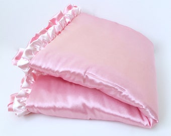 2-Tone Pink & Light Pink Satin BABY QUILT BLANKET - Pink Satin Ruffled Toddler Quilt - Pink Satin Baby Blanket - Made To Order