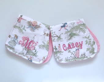 Personalized Toile Burp Cloth Set – Nursery Rhyme Print, Pink Minky