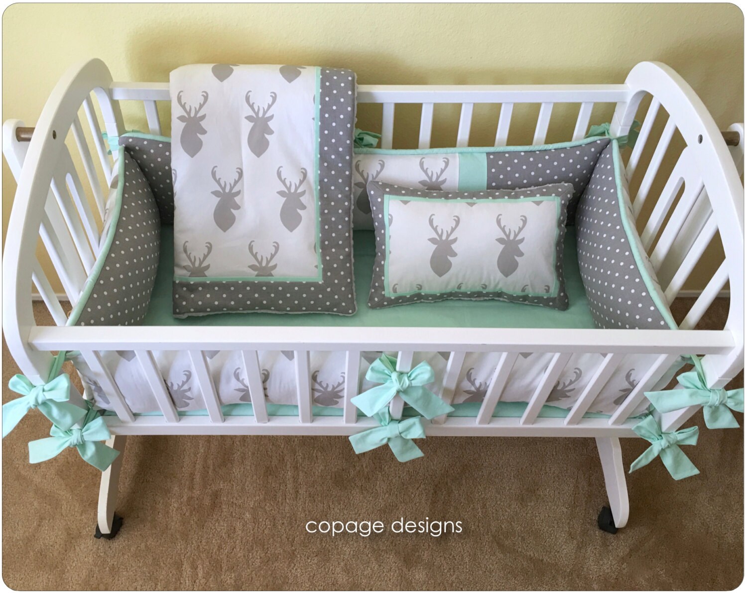 Gray And Mint Deer Head Baby Cradle Bedding Set Includes Etsy