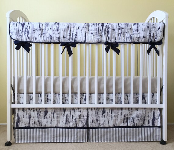 Navy Taupe Birch Bumperless Baby Crib Bedding Set Woodland Etsy