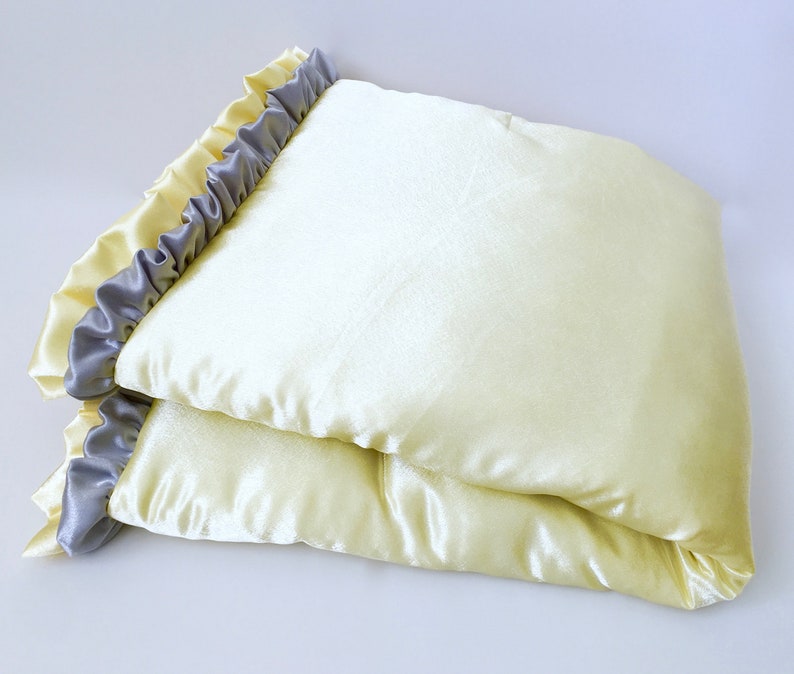 Yellow Gray Satin Baby Quilt Blanket Toddler Ruffled Custom Made To Order