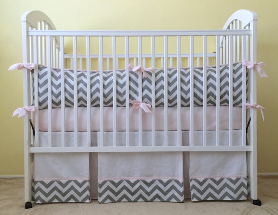 Gray And Pink Chevron 3 Pc Crib Bedding Set Includes Crib Etsy