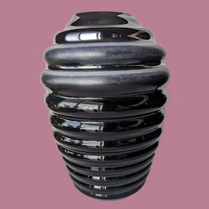 Vintage 13&quot; Black Amethyst Blown Glass Beehive Vase with Matte Glass Stripes by Cambridge Glass