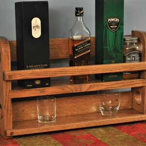 Wall-mount whiskey shelf, red oak hard wood with walnut stain
