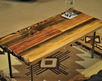 Pine top metal leg coffee table, 33" x 16"