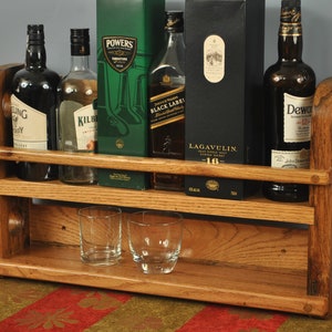 Whiskey shelf, wall-mounted, oiled red oak