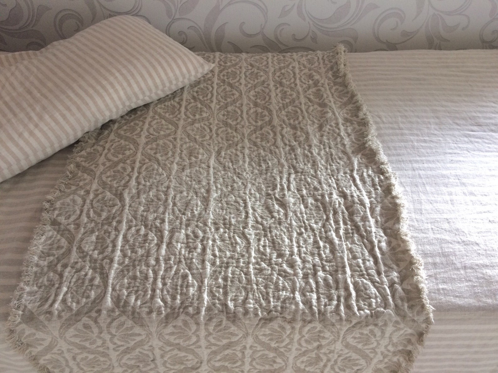 Pure Linen Bed Scarf Frayed Natural Beige off White Bed Etsy