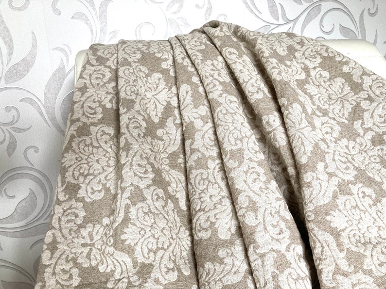Linen throw blanket Queen size natural beige white damask Etsy