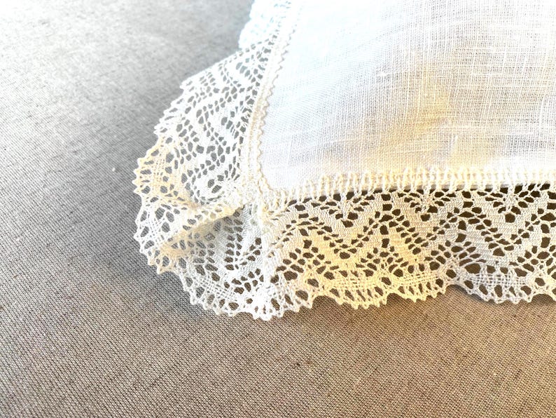 Natural white pure linen pillow cover with beautiful crochet lace trim.